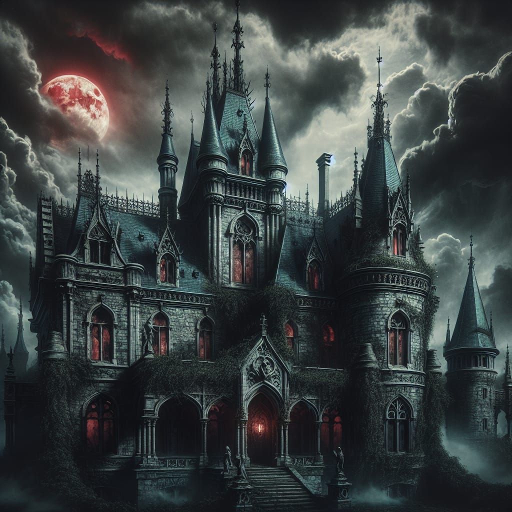 Eerie Gothic Chateau Under a Blood-Red Moon