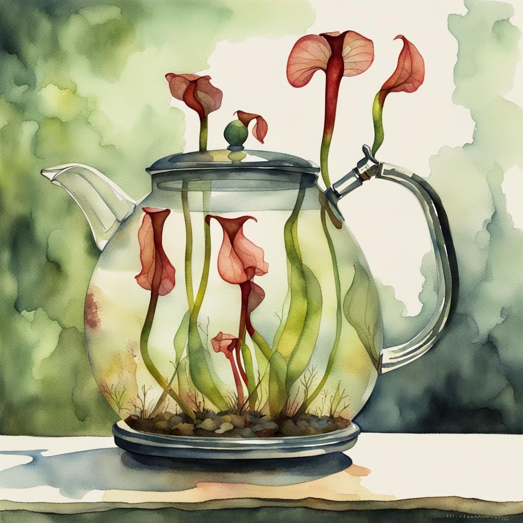 Pitcher plant tea kettle, watercolor, double exposure