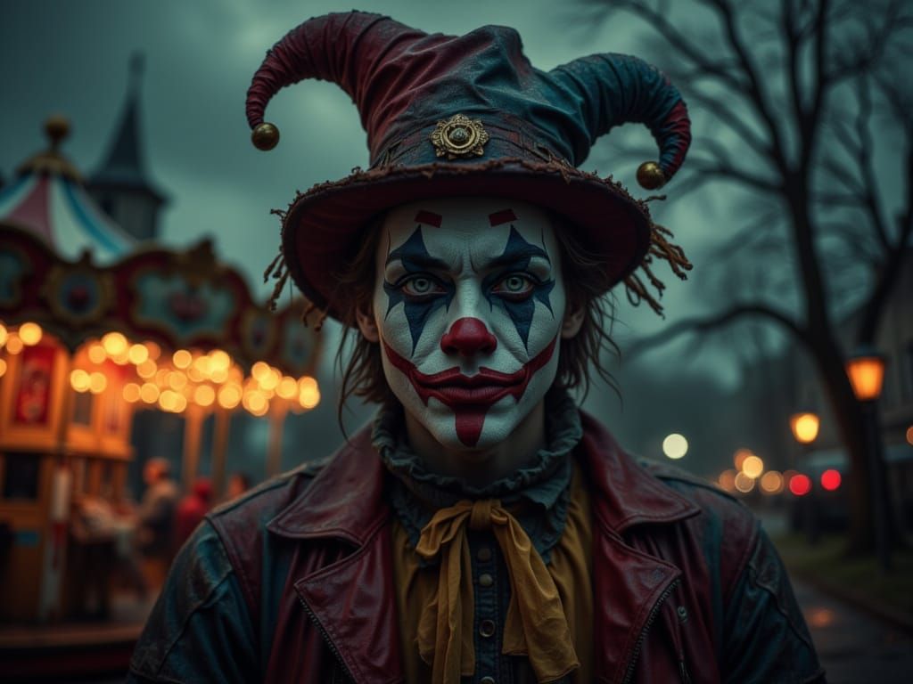 Court Jester With Helical Eyes in Haunted Carnival