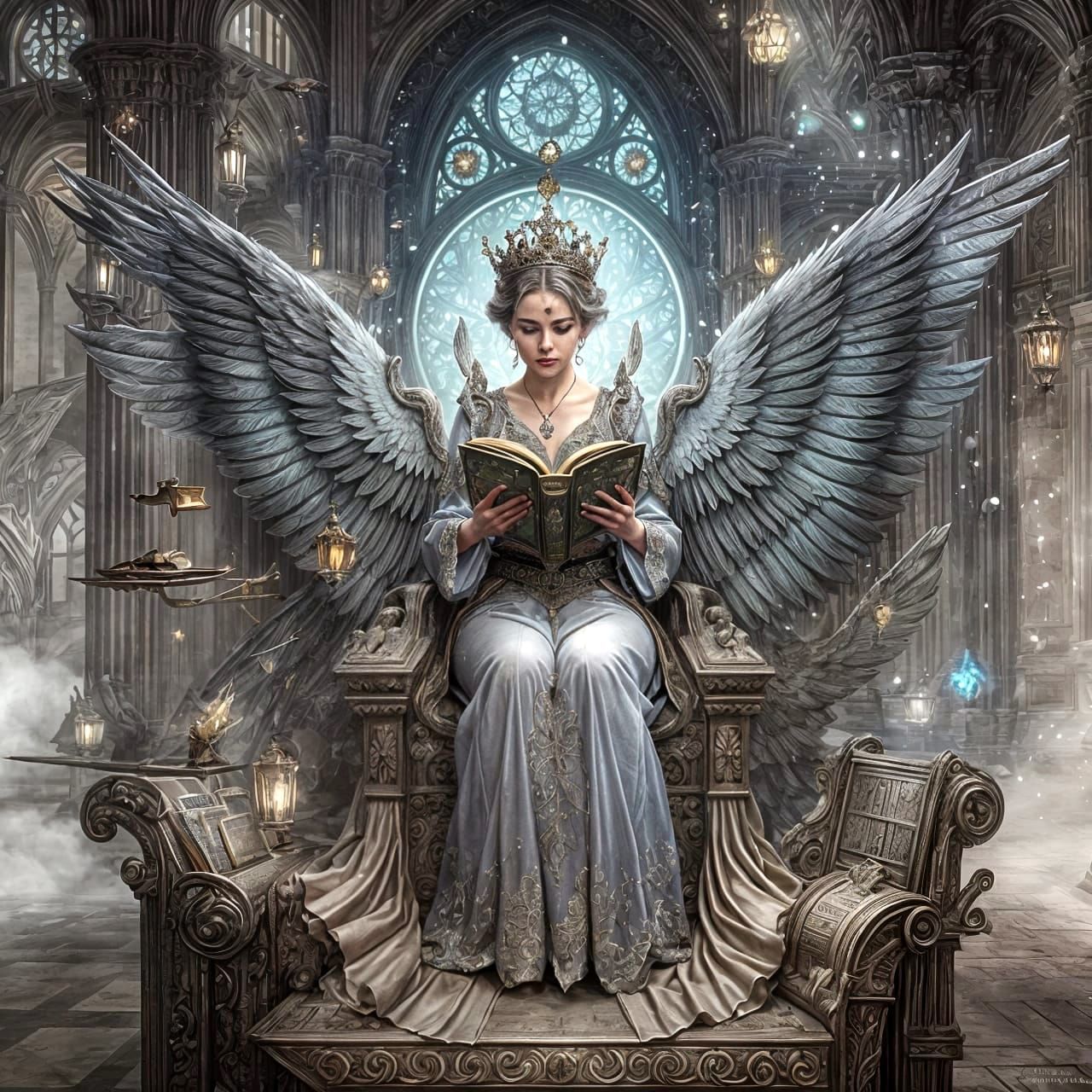 a celestial librarian with iridescent wings