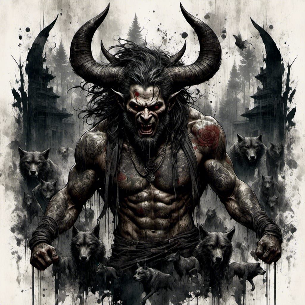 Gothic Demon and Wolves in Watercolor Style