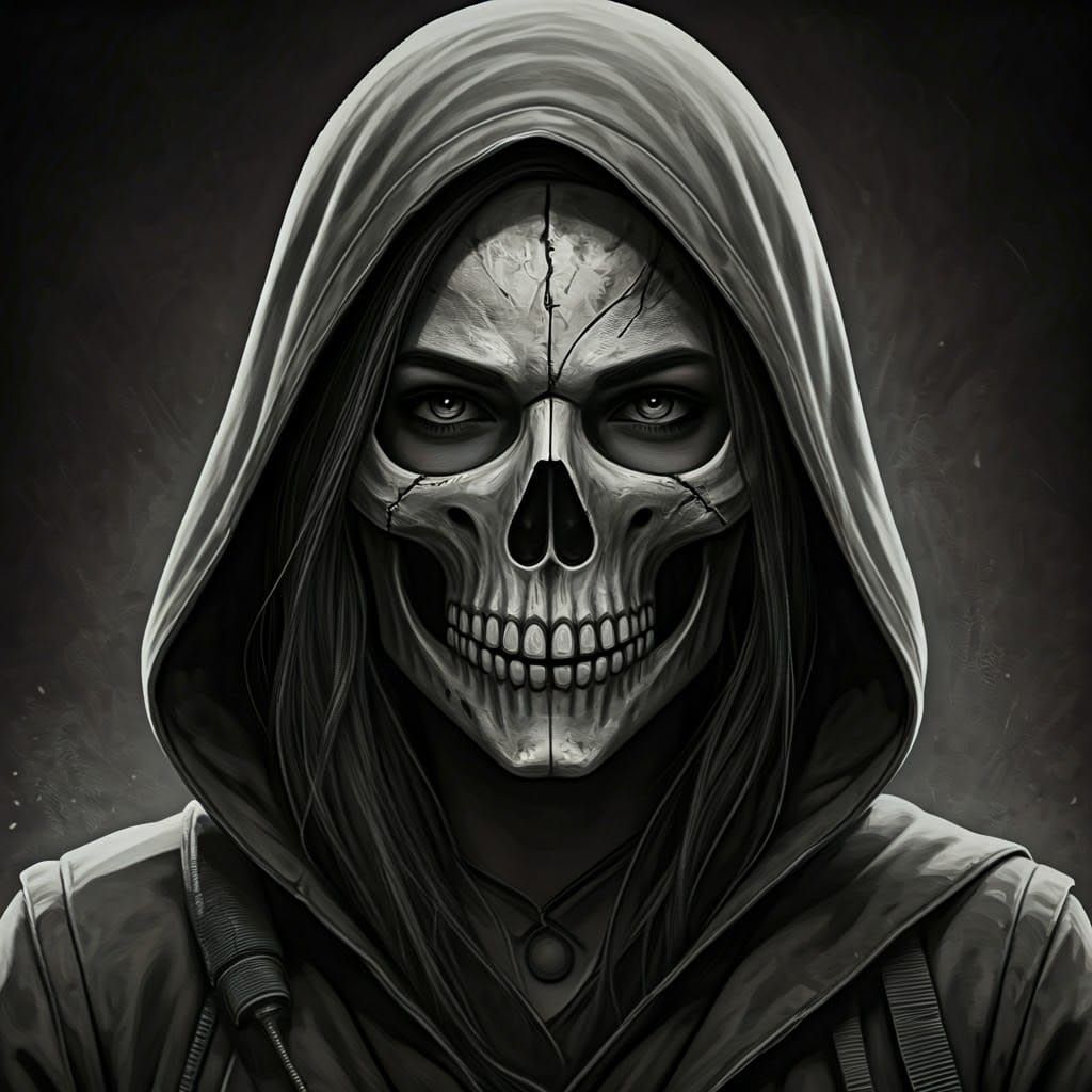 Ghost Girl in Skull Mask: Charcoal Drawing