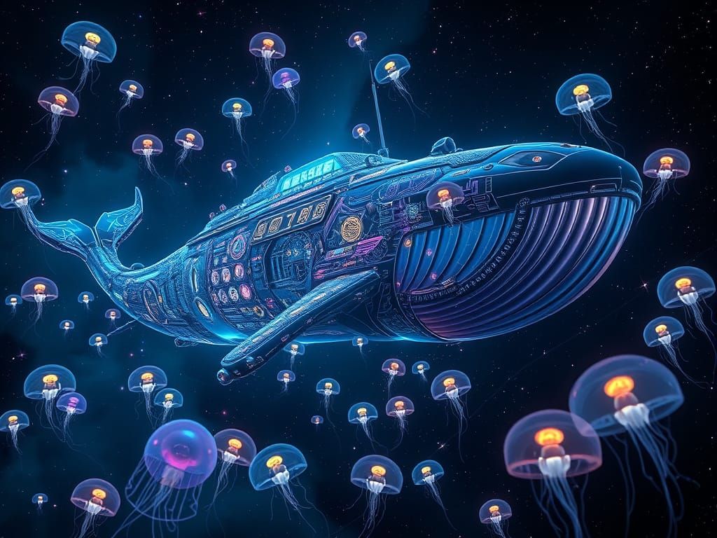 Glowing Steel and Glass Whale Spaceship in Deep Space
