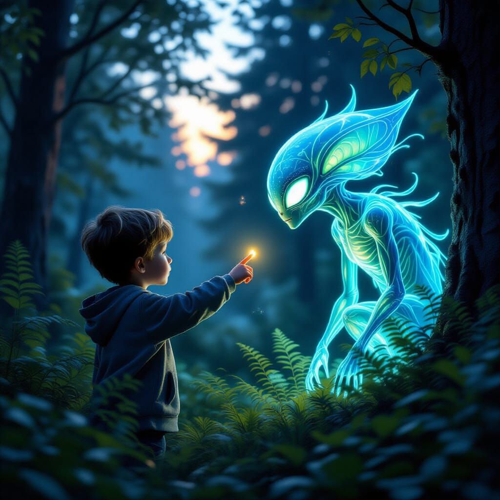Boy Reaches Out to Bioluminescent Alien in Forest Dusk Matte...