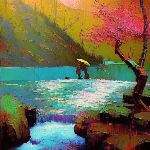 Cherry Blossoms Waterfall: Impasto Oil Painting