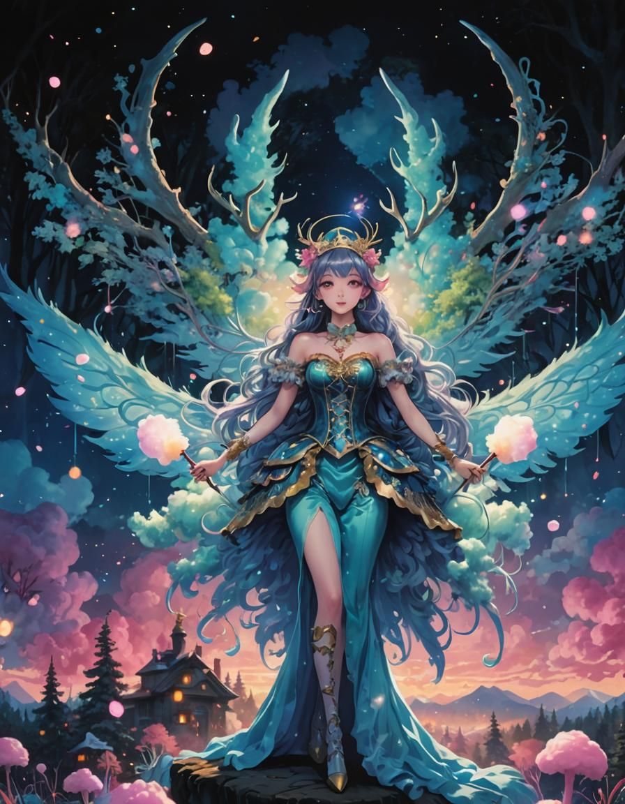 Anime Reindeer in Candyland Forest, Watercolor Art