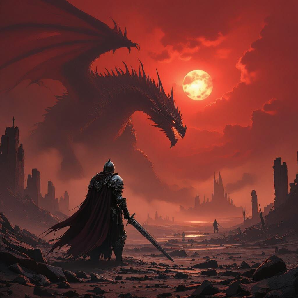 Knight Surveys Ruined Battlefield Under Blood-Red Sky