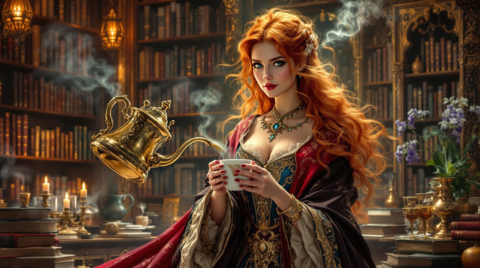 Mage Holding Coffee Mug in Magical Library