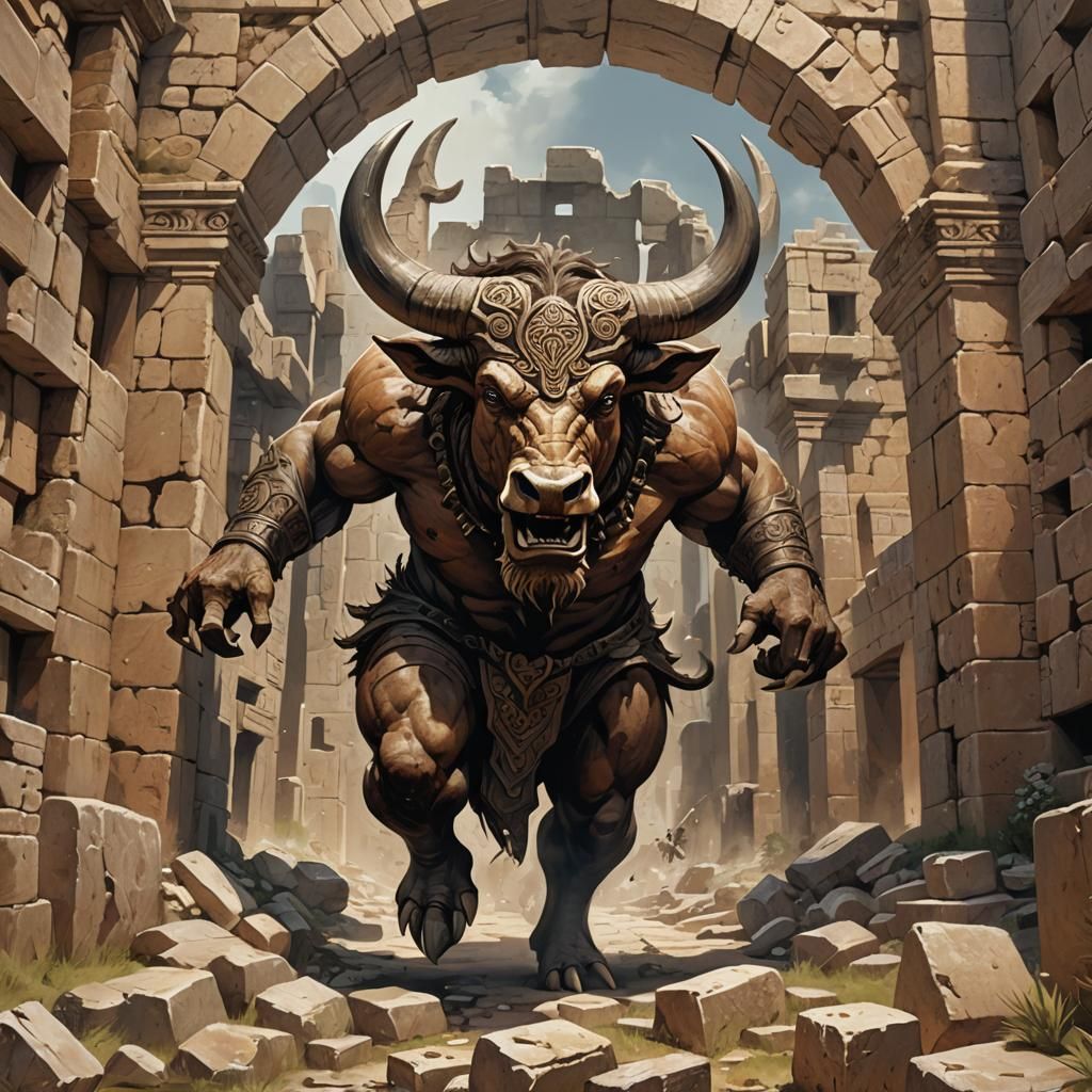Minotaur Charges Through Ancient Ruins