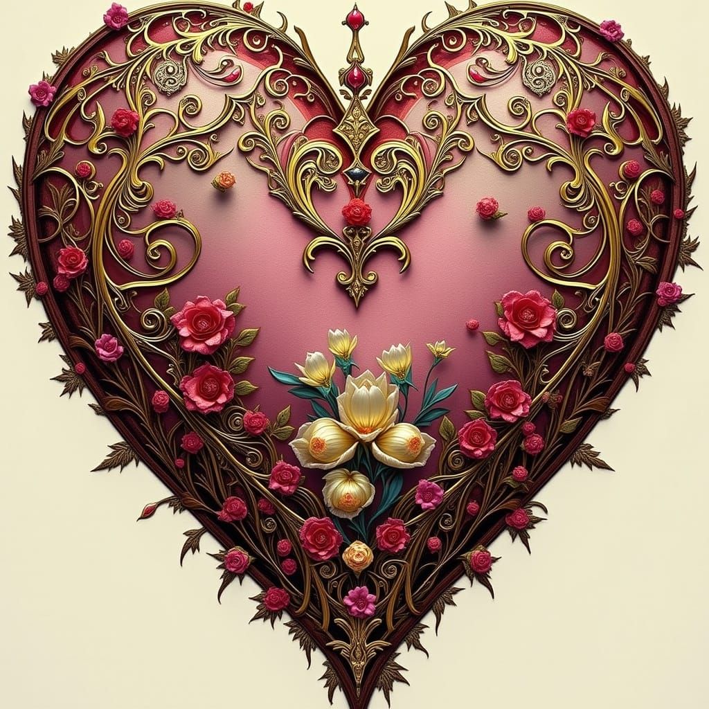 Exquisite Golden Valentine Heart in Baroque Art Nouveau Styl...
