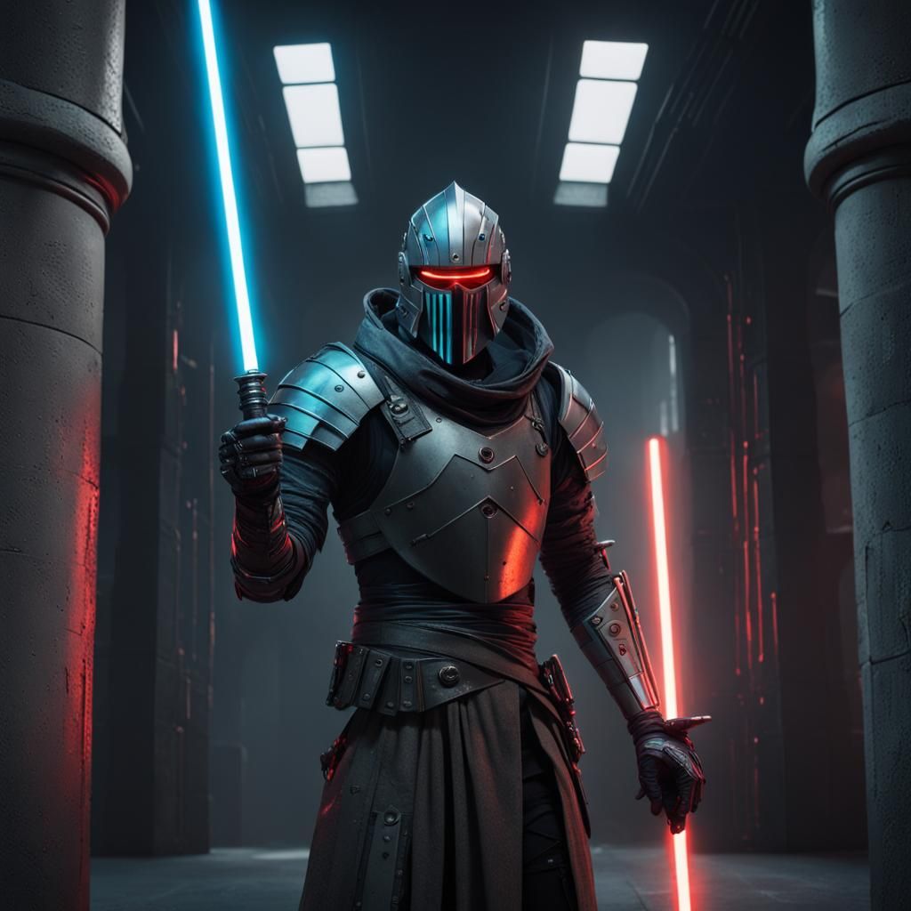 Cyberpunk Knight in Tower with Lightsaber