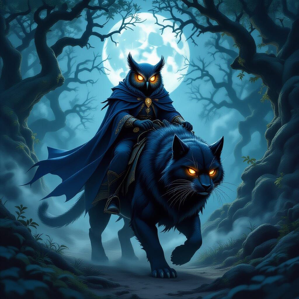 Wise Owl Wizard Rides Mystical Creature Through Moonlit Fore...