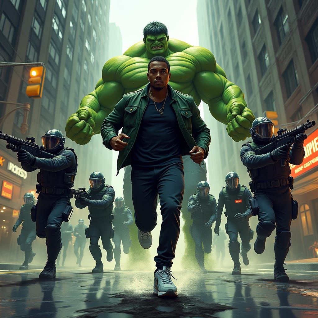 Futuristic Police Chase with Hulk in Comic Style