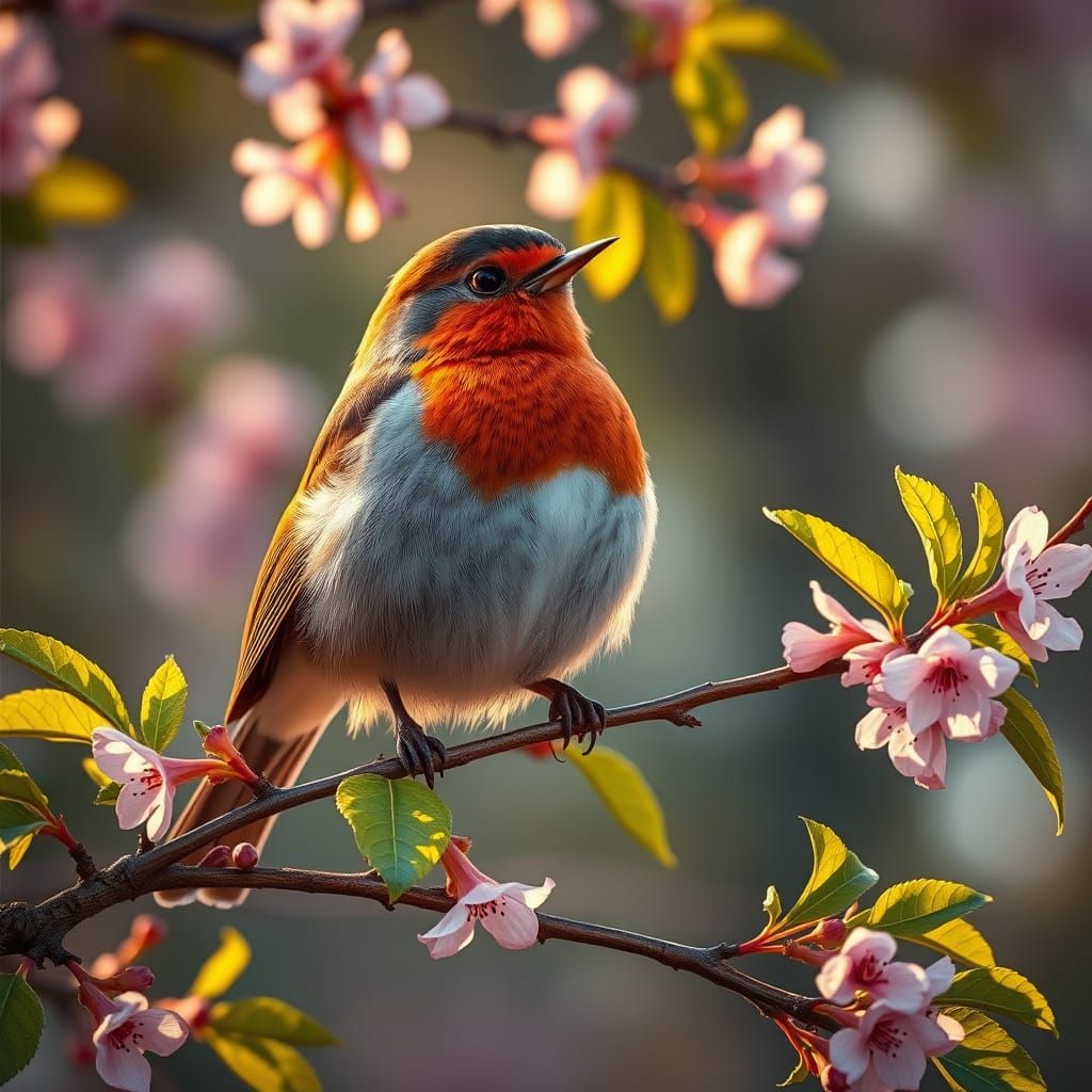 Robin on Cherry Blossom Branch in Sunlight