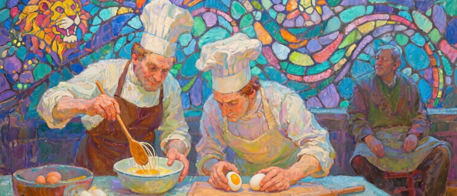 Leone and Filippo Cooking Scene in Oil Painting