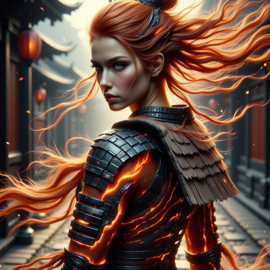 Samurai Woman in Fiery Armor, Feudal Japan Ambiance