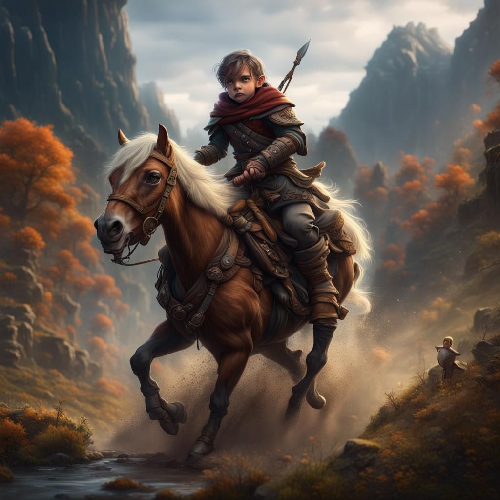 Halfling Rogue Rides a Horse in Fantasy Landscape