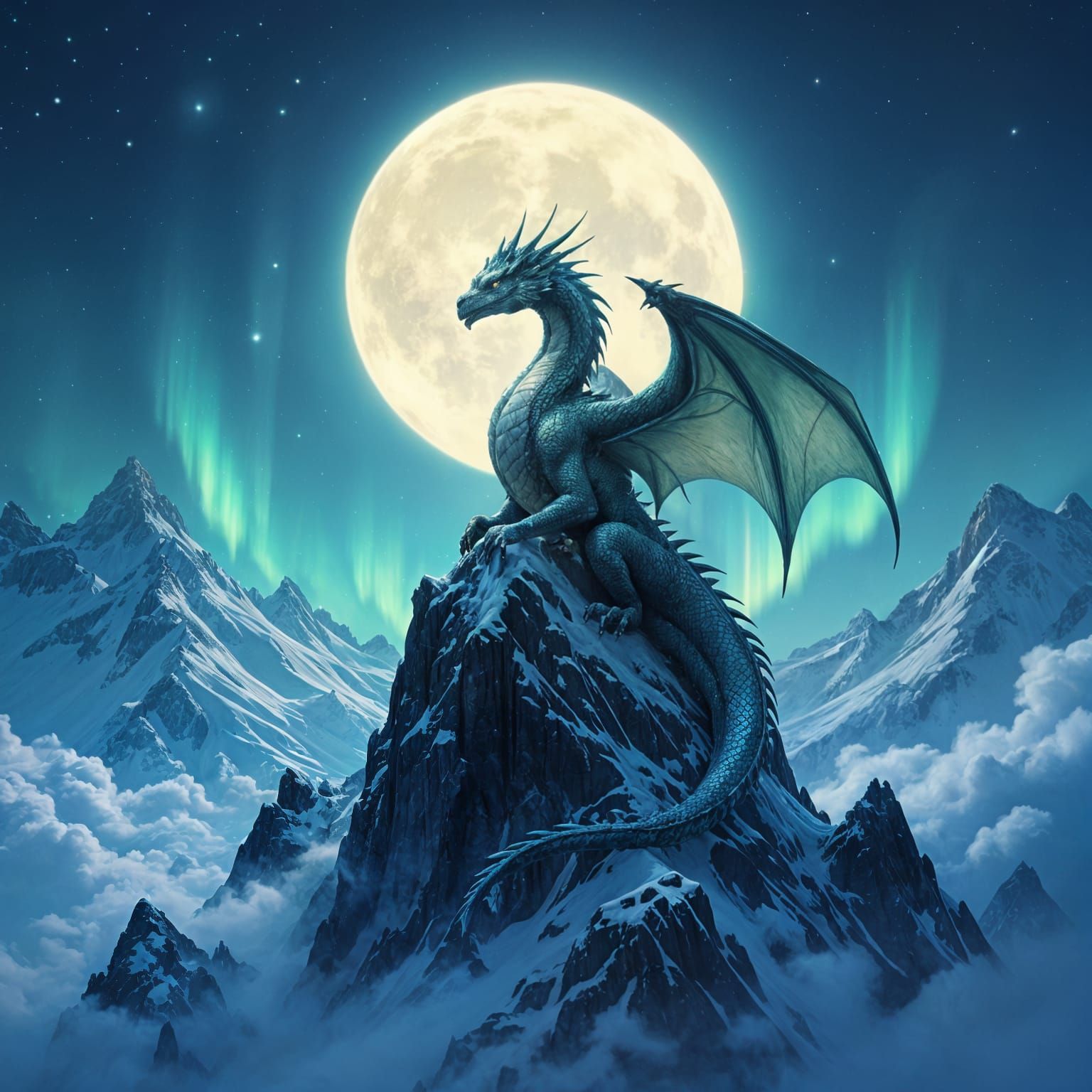 Majestic Dragon on Snowy Peak Under Aurora Sky