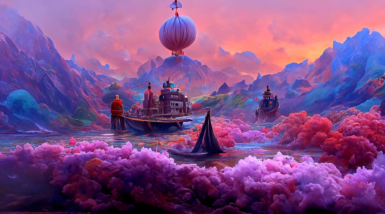 Mystical Boat on Colorful Sea, Surreal Digital Art