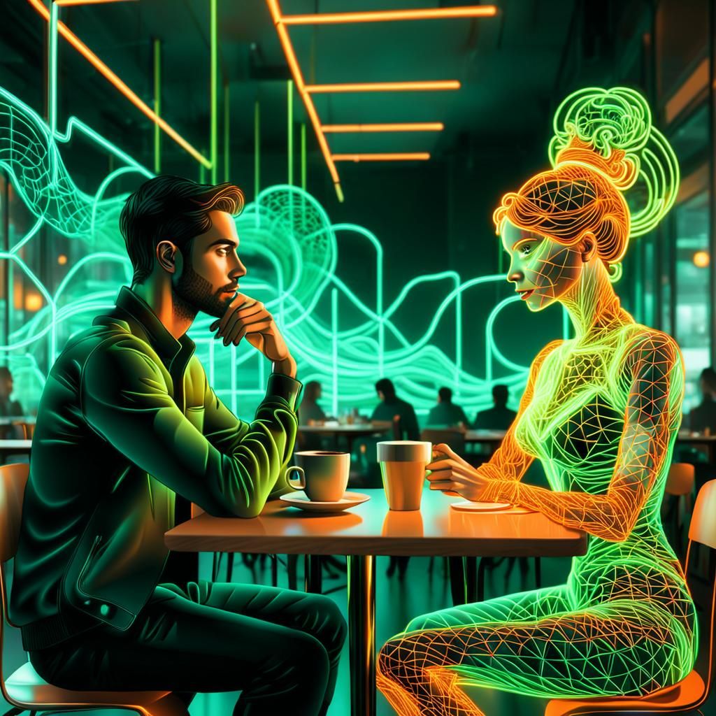Neon Wireframe Couple in Cyberpunk Cafe