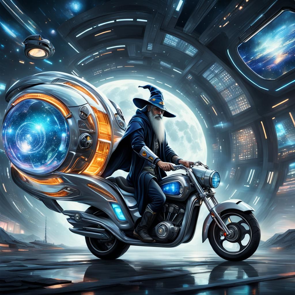 Wizard on a Futuristic Motorcycle