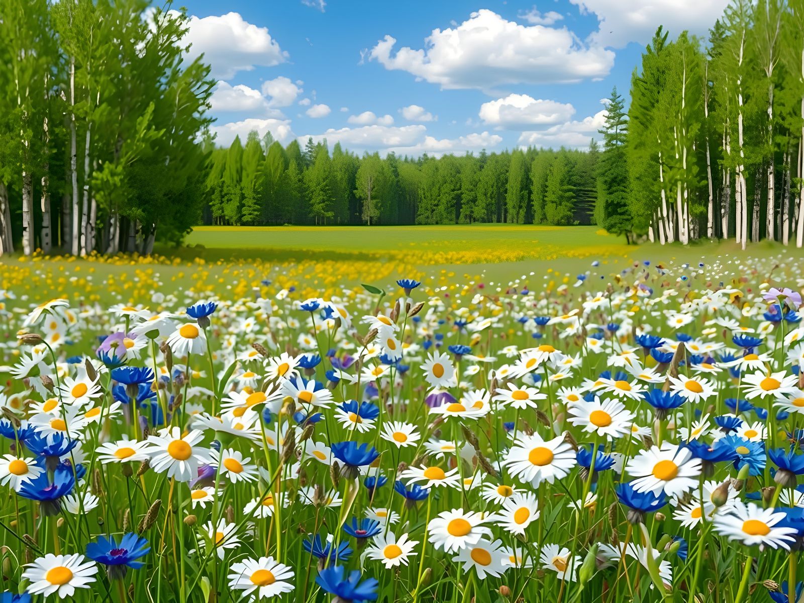 Summer Meadow with Daisies and Birch Forest