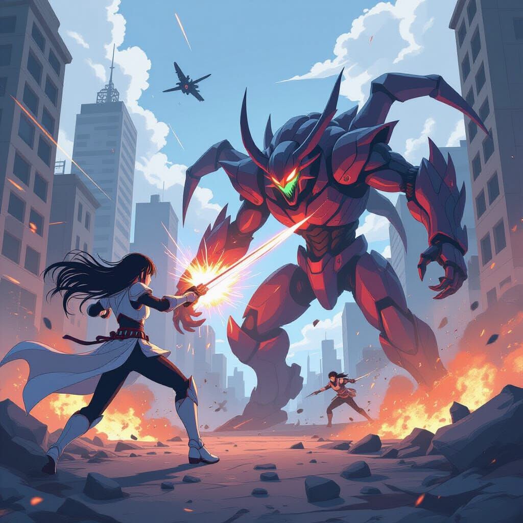 Epic Anime Battle: Warrior vs Alien in Cityscape