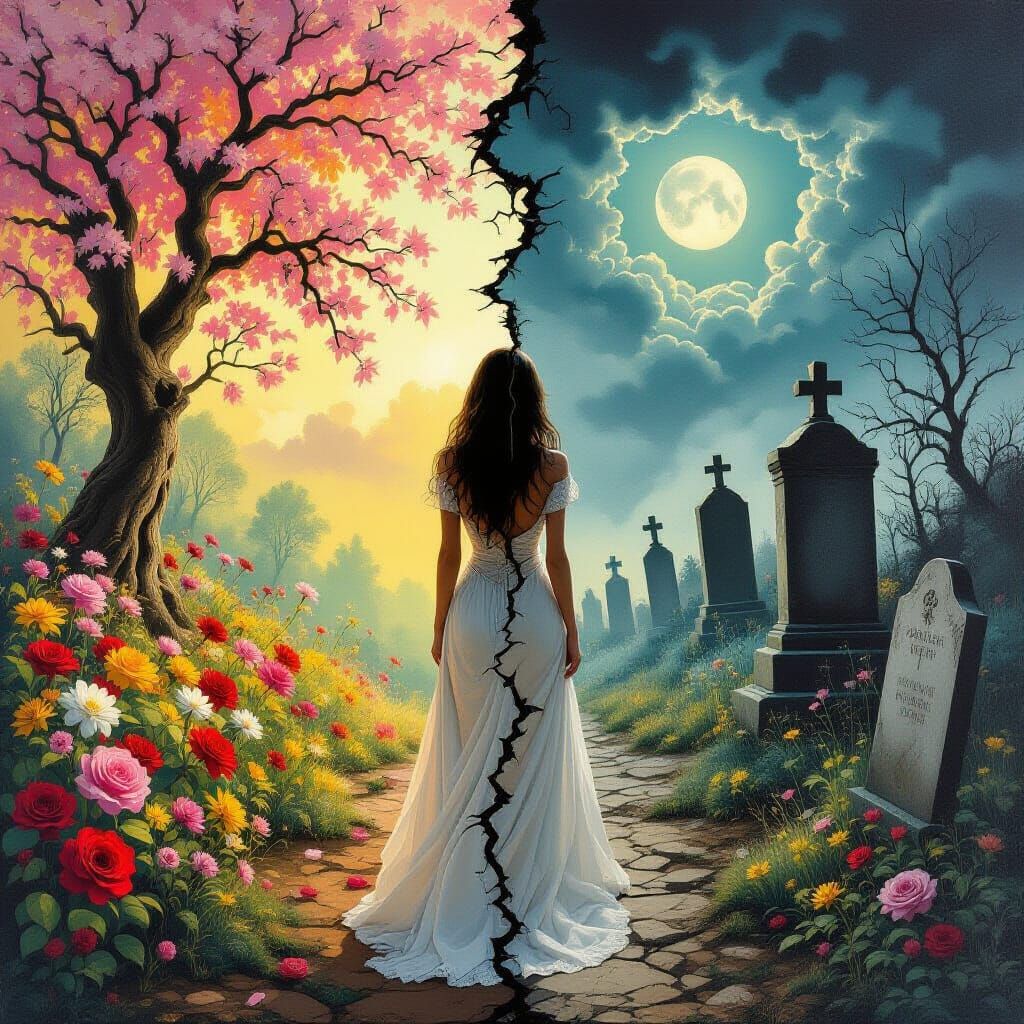 Woman Between Life and Death in Surrealist Style