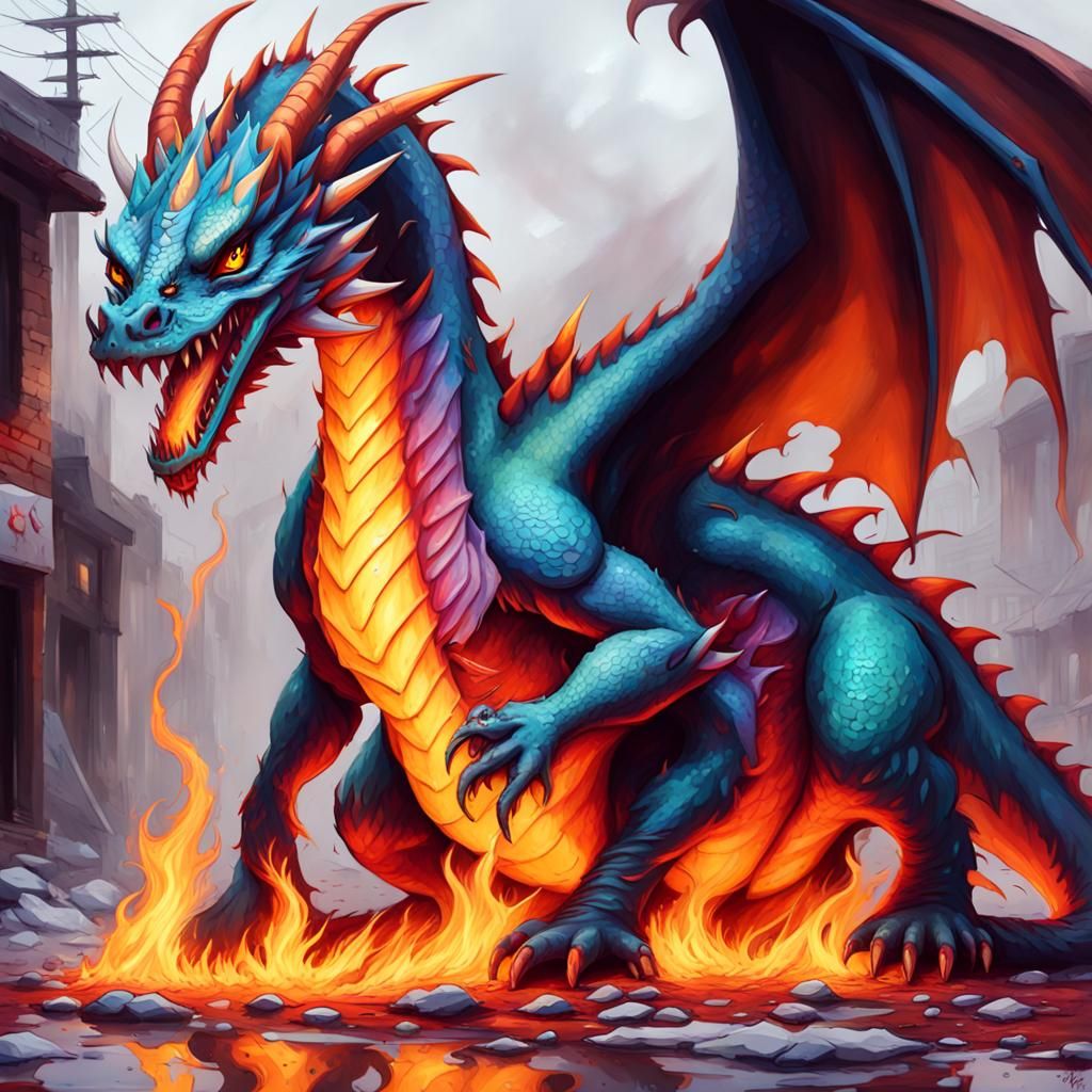 Fearsome Dragon Mother Protecting Baby, Graffiti Art