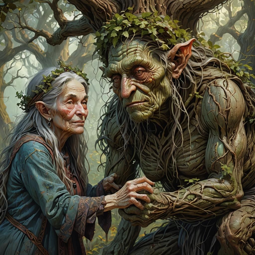 Kind Witch Pets Tree Troll, Digital Illustration