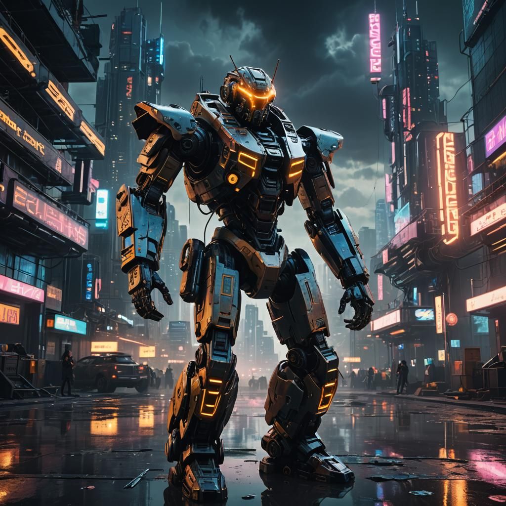 Cyberpunk Mech Hero in Sci-Fi Cityscape