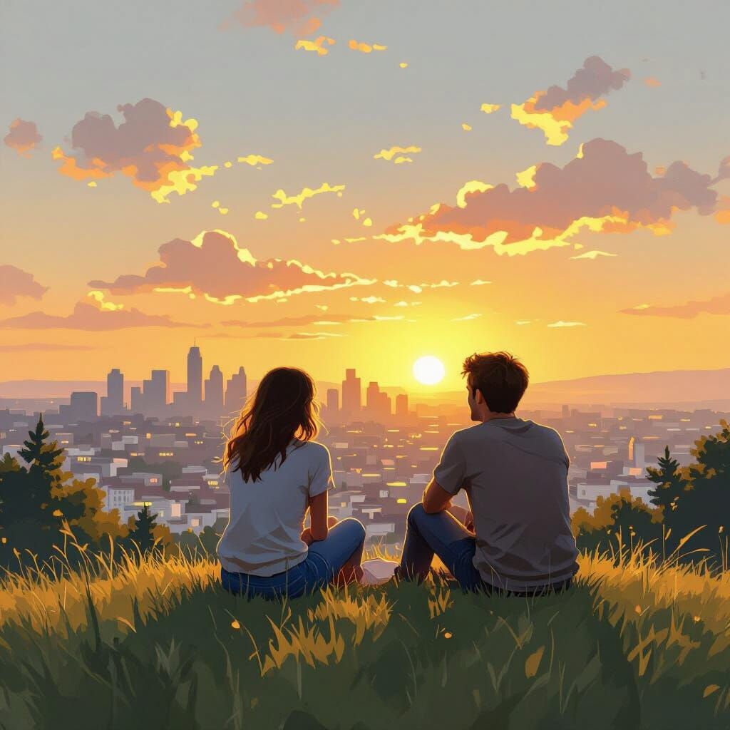 Romantic Sunset Gaze: Woman and Boyfriend on Hill