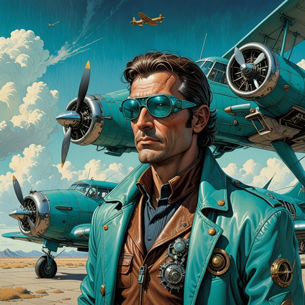 Dieselpunk Aviator in Turquoise Sky, Giger and Moebius Style