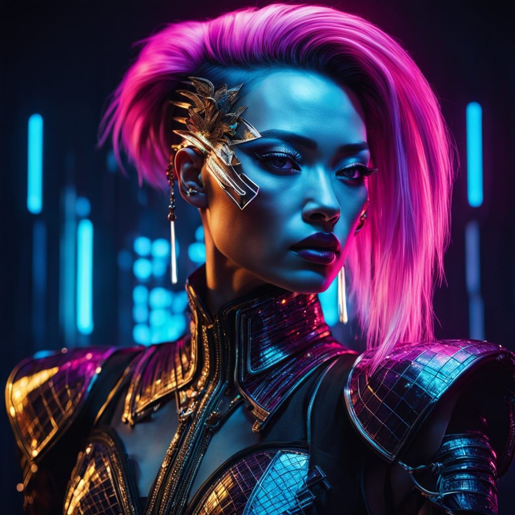 Cyberpunk Fashion Icon in Gilded Armor