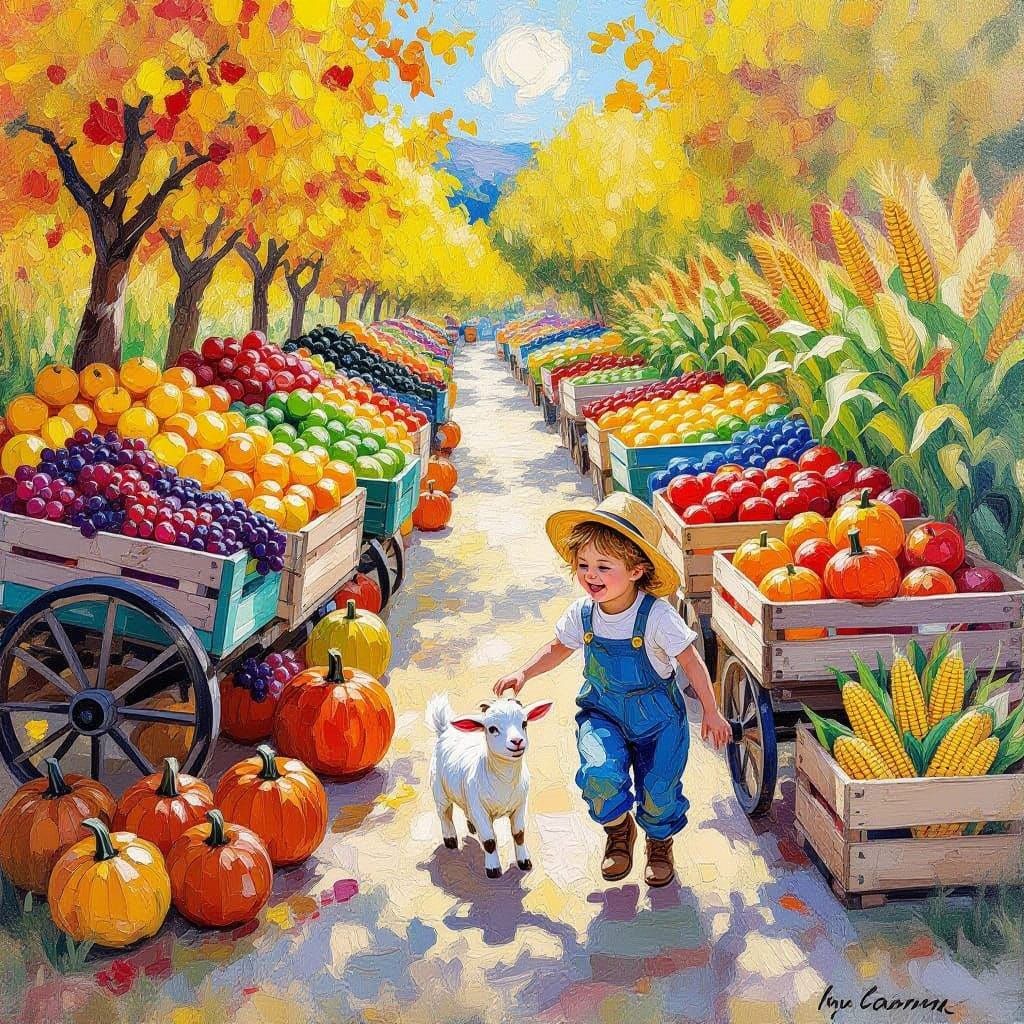 Vibrant Harvest Festival Painting with Apples and Pumpkins