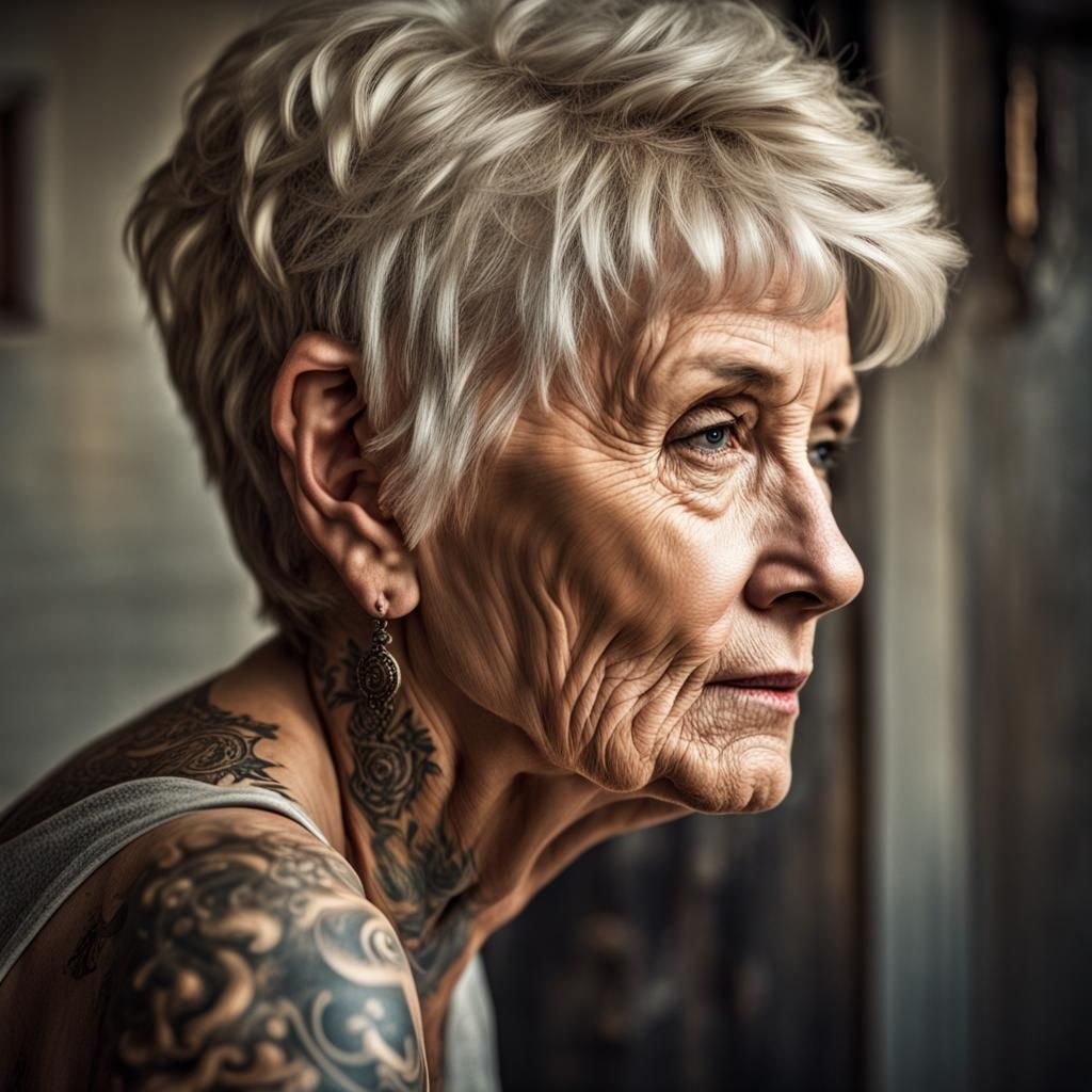 Punk Old Woman with Tattoos: Hyperrealistic Portrait