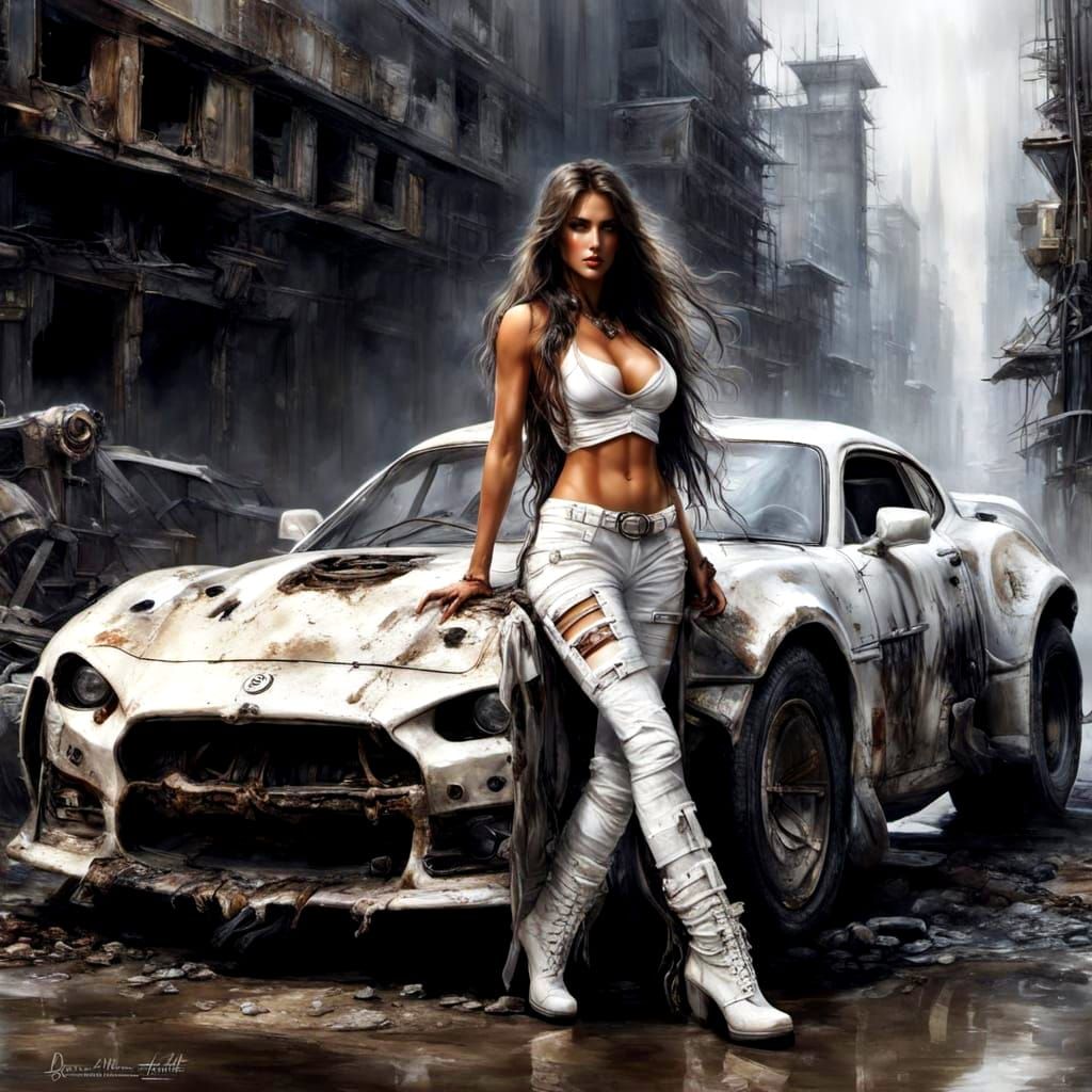 Apocalyptic Beauty Washing Car: Dark Fantasy Illustration