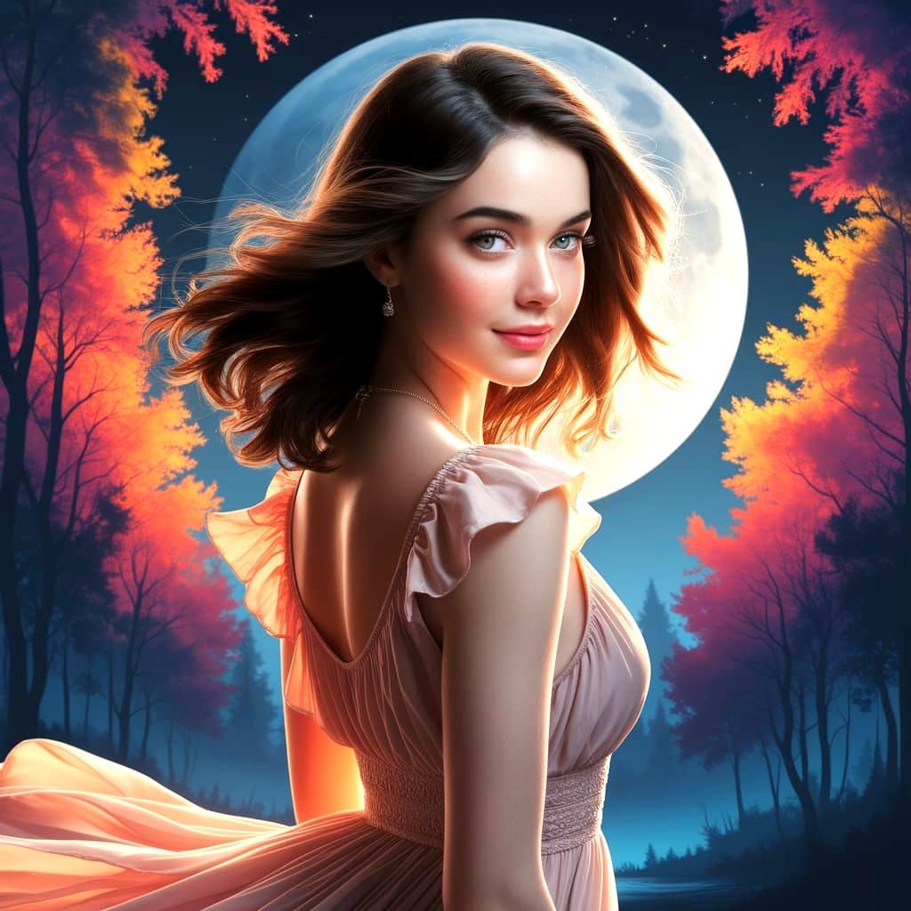 Brunette Woman in Sundress, Moonlit Forest Portrait