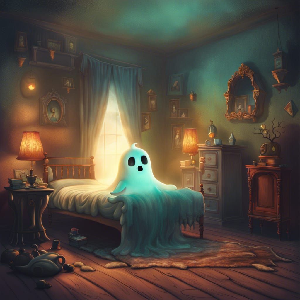 Cute Ghost Floats in Misty Bedroom, 3D Shading