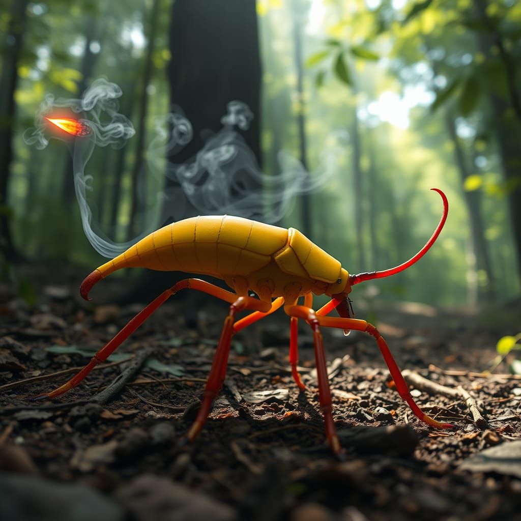 Vibrant Yellow Insect with Whiptail and Shimmering Legs