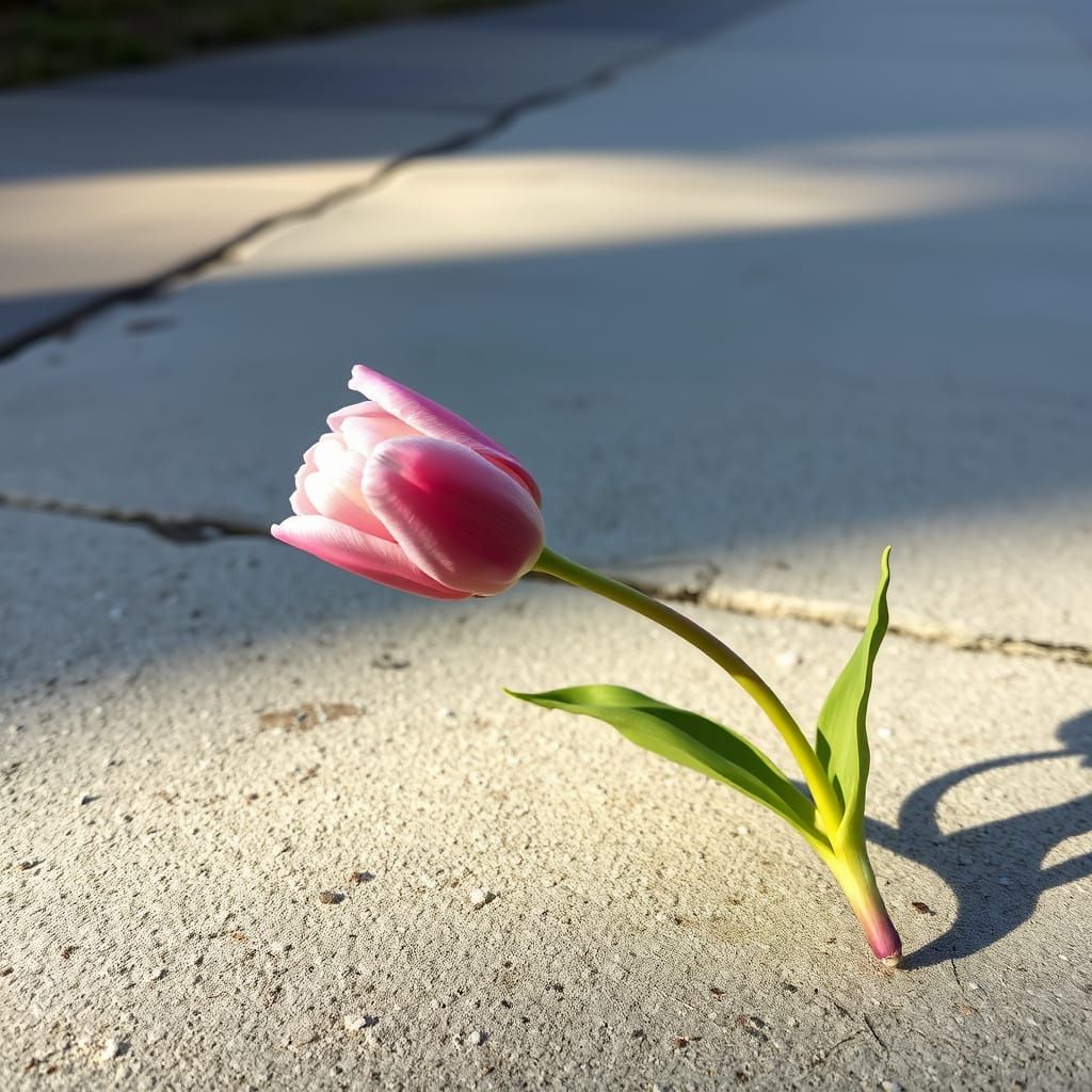 Pink Tulip Blooms on Weathered Sidewalk