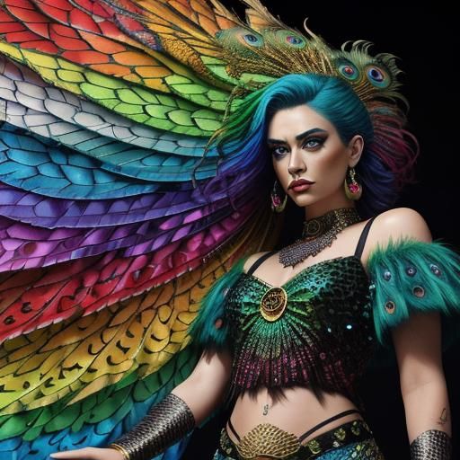 Woman with Rainbow Dragon Scales and Peacock Hair