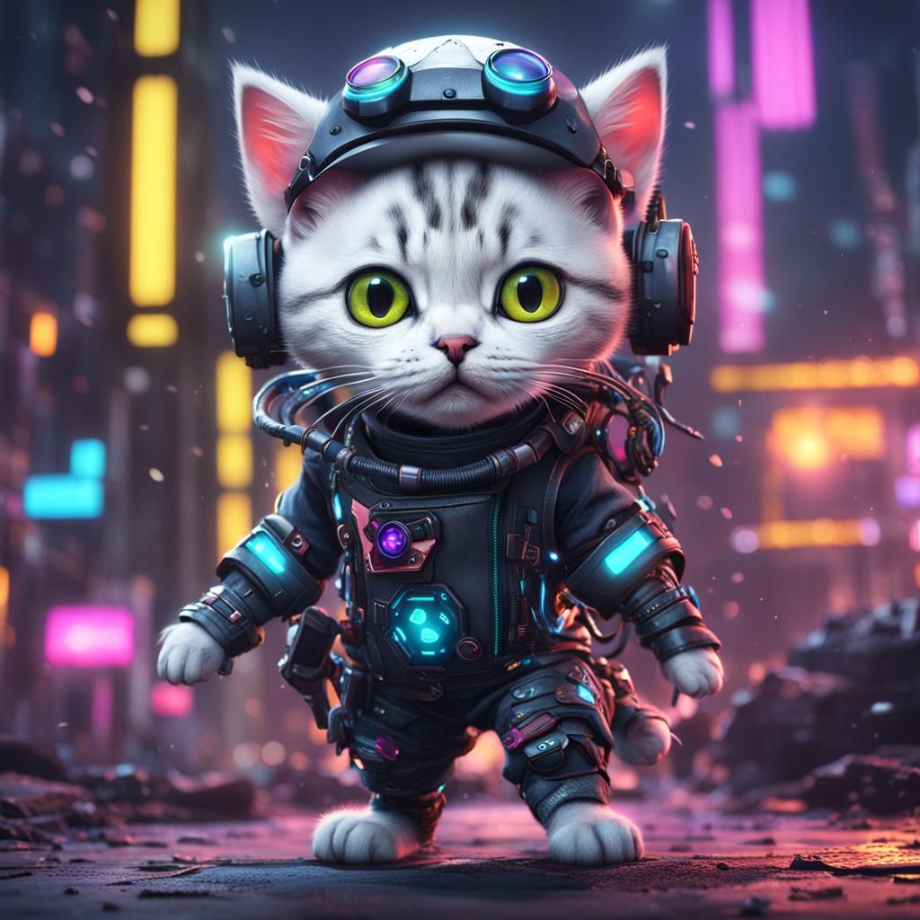 Cyberpunk Kitten: Detailed Matte Painting