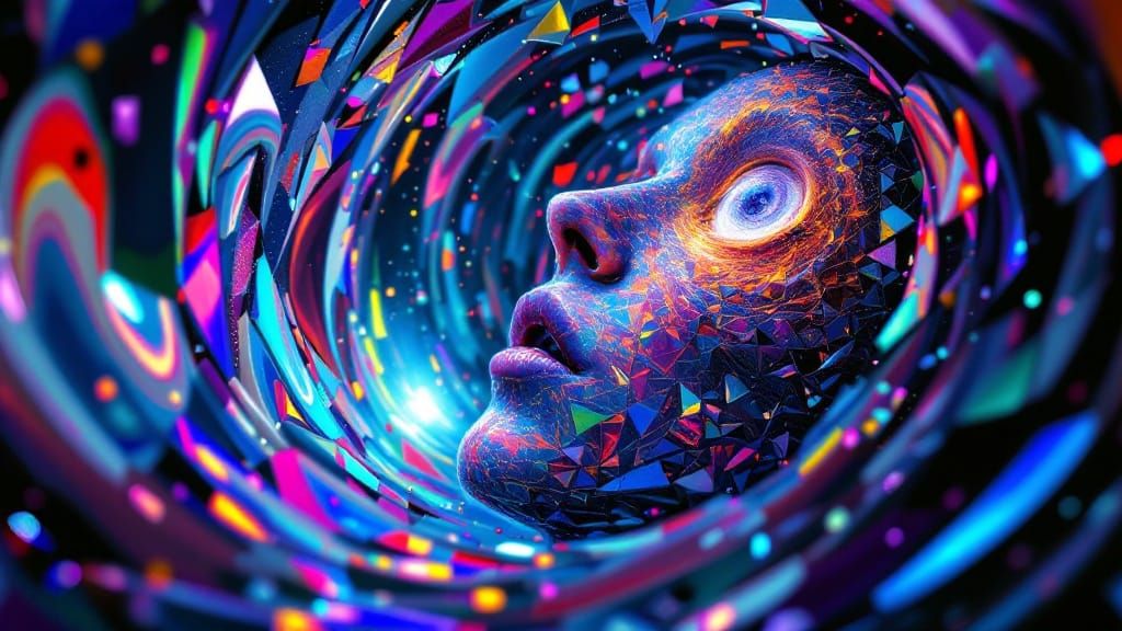 Iridescent Glass Face in Abstract Dreamscape