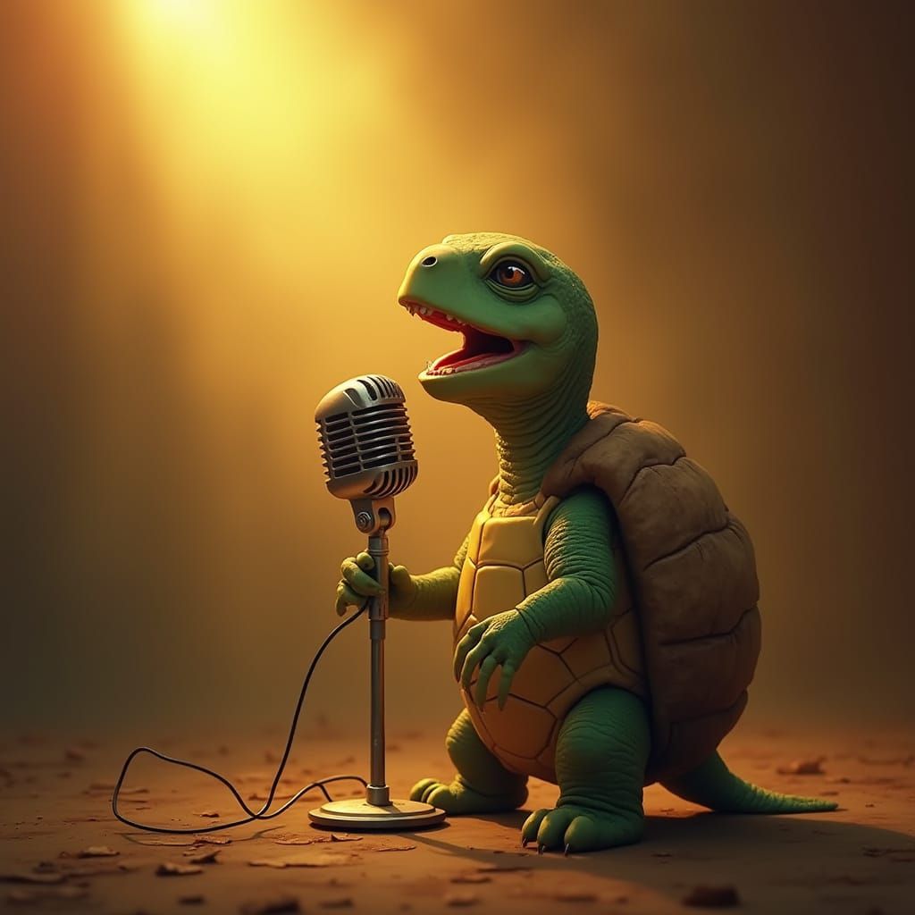 Singing Turtle with Microphone in Dreamy Digital Art