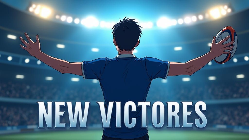 Dynamic Rugby Player in Blue Jersey Raises Rugby Ball in Vic...