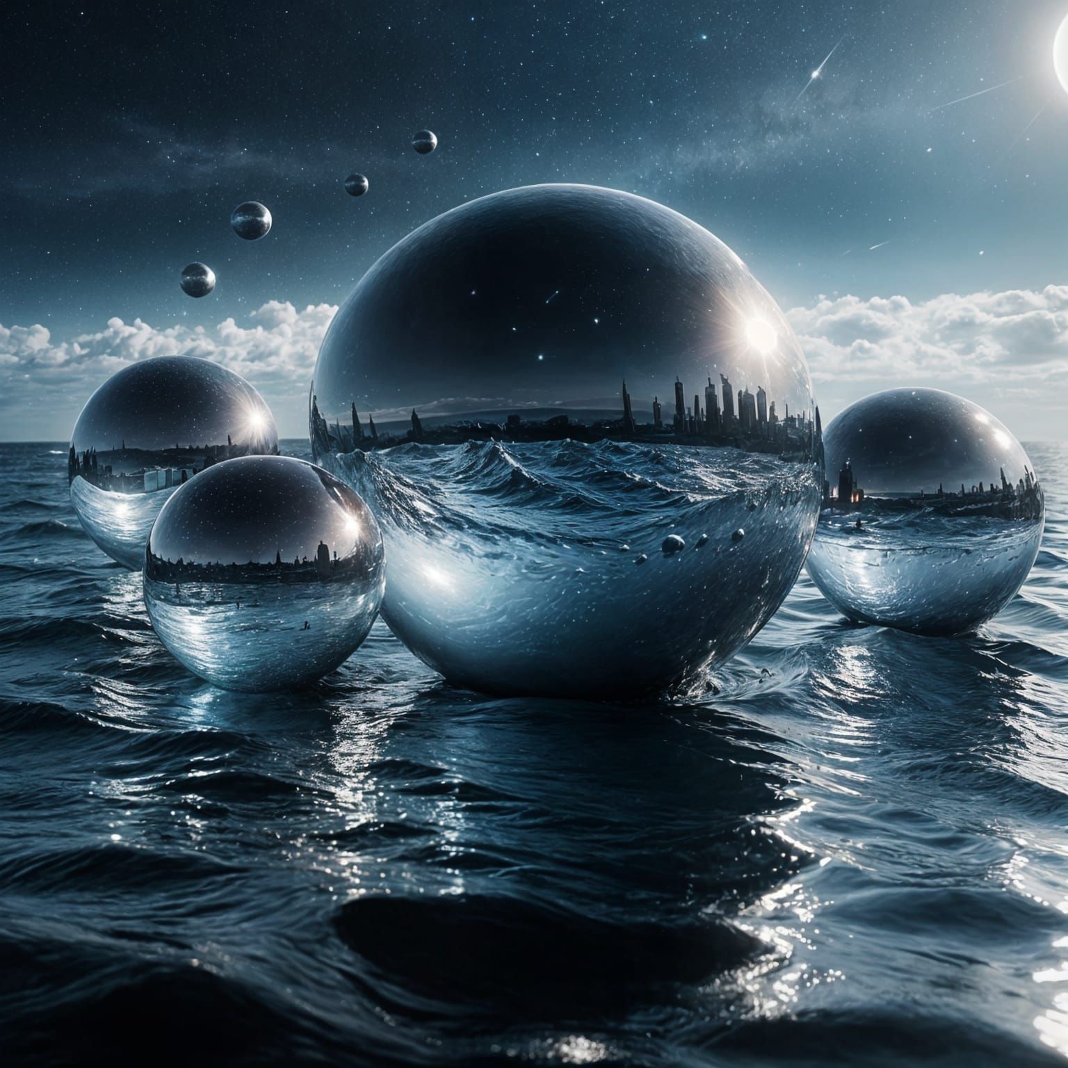 Silver Spheres Emerge from Ocean's Surface in Cinematic Real...