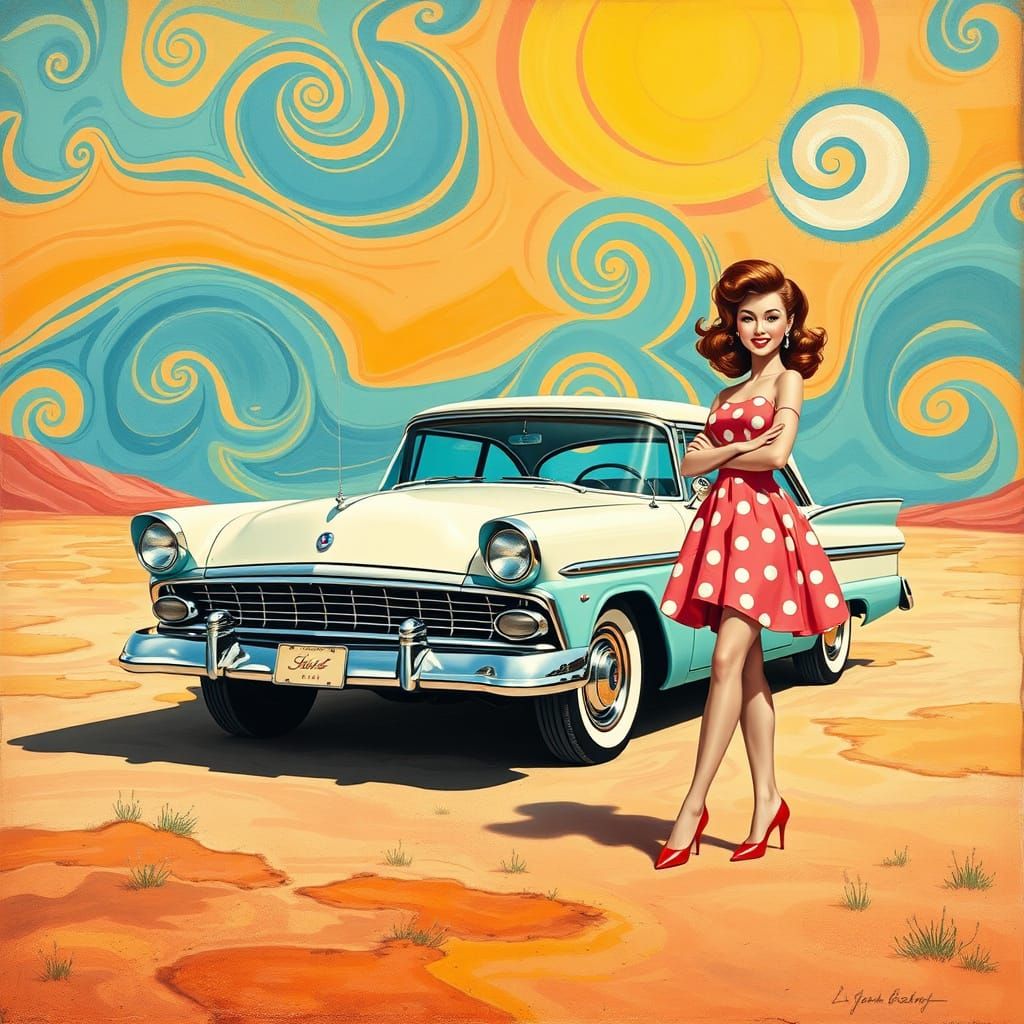 1950s Ford Taunus with Pin-Up Girl in Whimsical Landscape