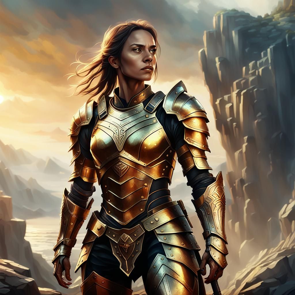 Female Warrior on Cliff in Cinematic Digital Painting