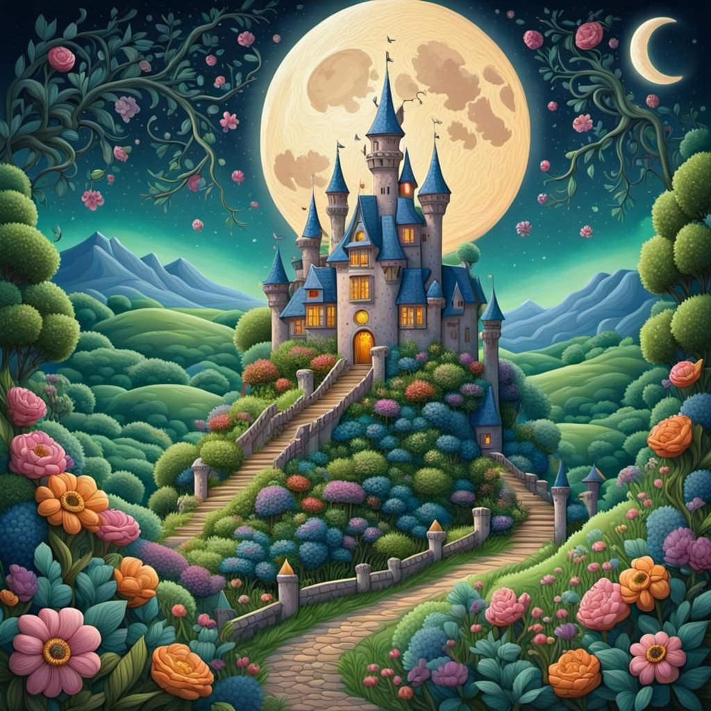 Enchanted Castle in Folk Art Style Under Starry Sky
